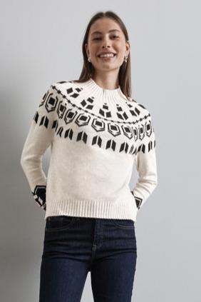 302835 Cream White Melange Placed Jaquard Sweater Street One