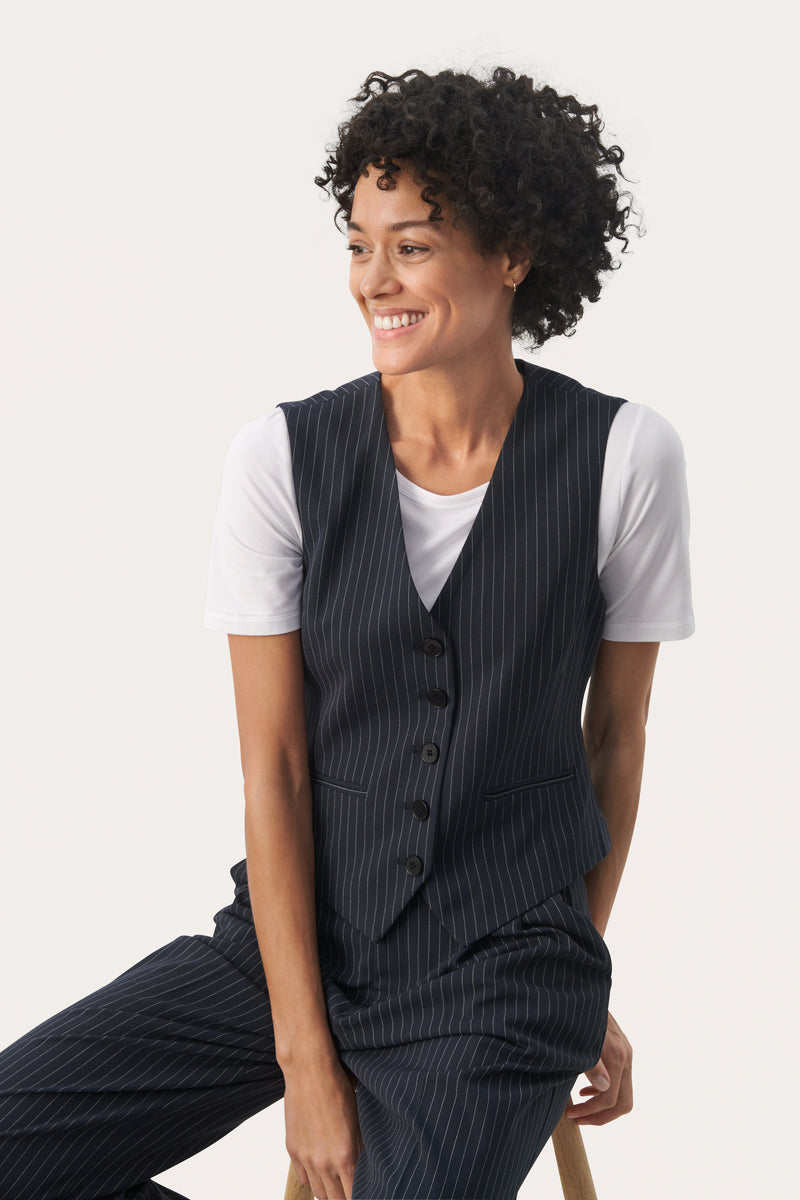 30309030 Dark Navy Pinstripe Rikke Waistcoat