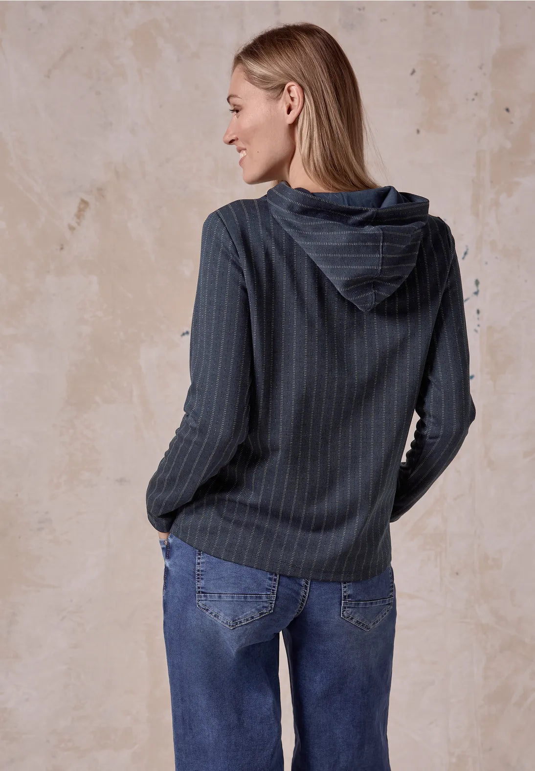 322081 Deep Petrol Pin Stripe Hoody Top CECIL