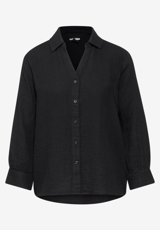 344955 Black Muslin Shirtcollar Blouse With Splitneck Street One