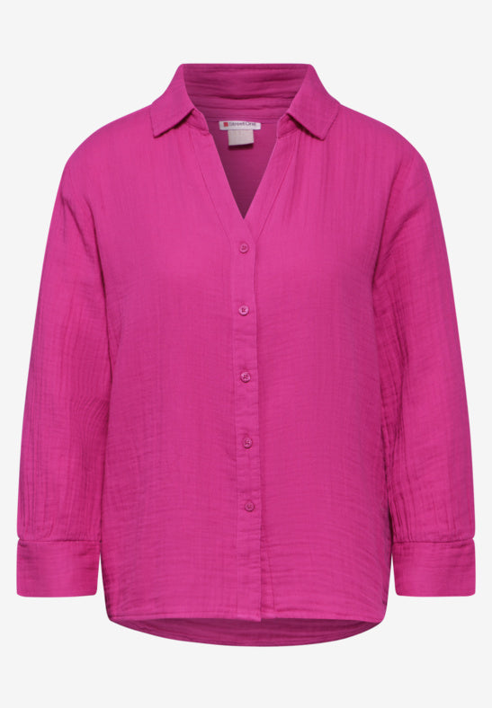 344955 Royal Fuchsia Muslin Shirtcollar Blouse With Splitneck Street One