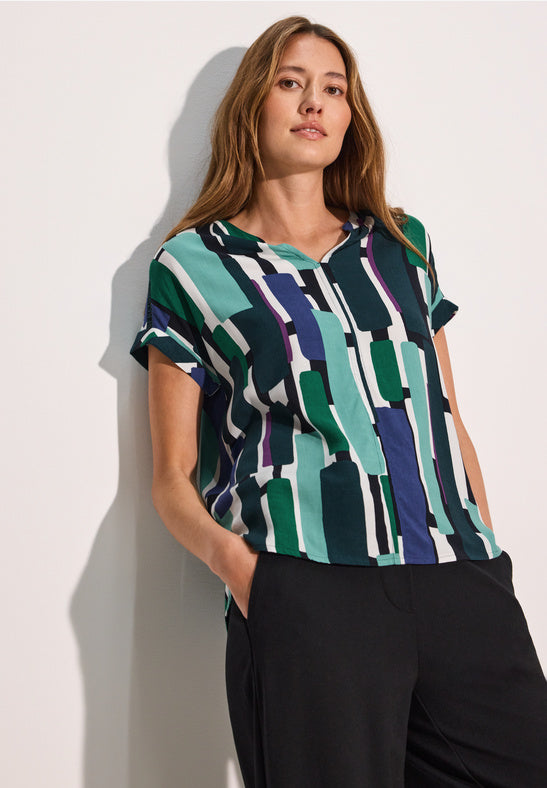 CECIL Fir Green Splitneck Blouse With Wording 344981