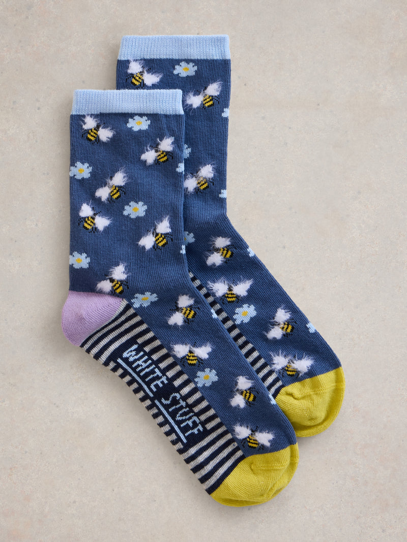 441802 NAVY MULTI Fluffy Bee Ankle Sock WHITE STUFF