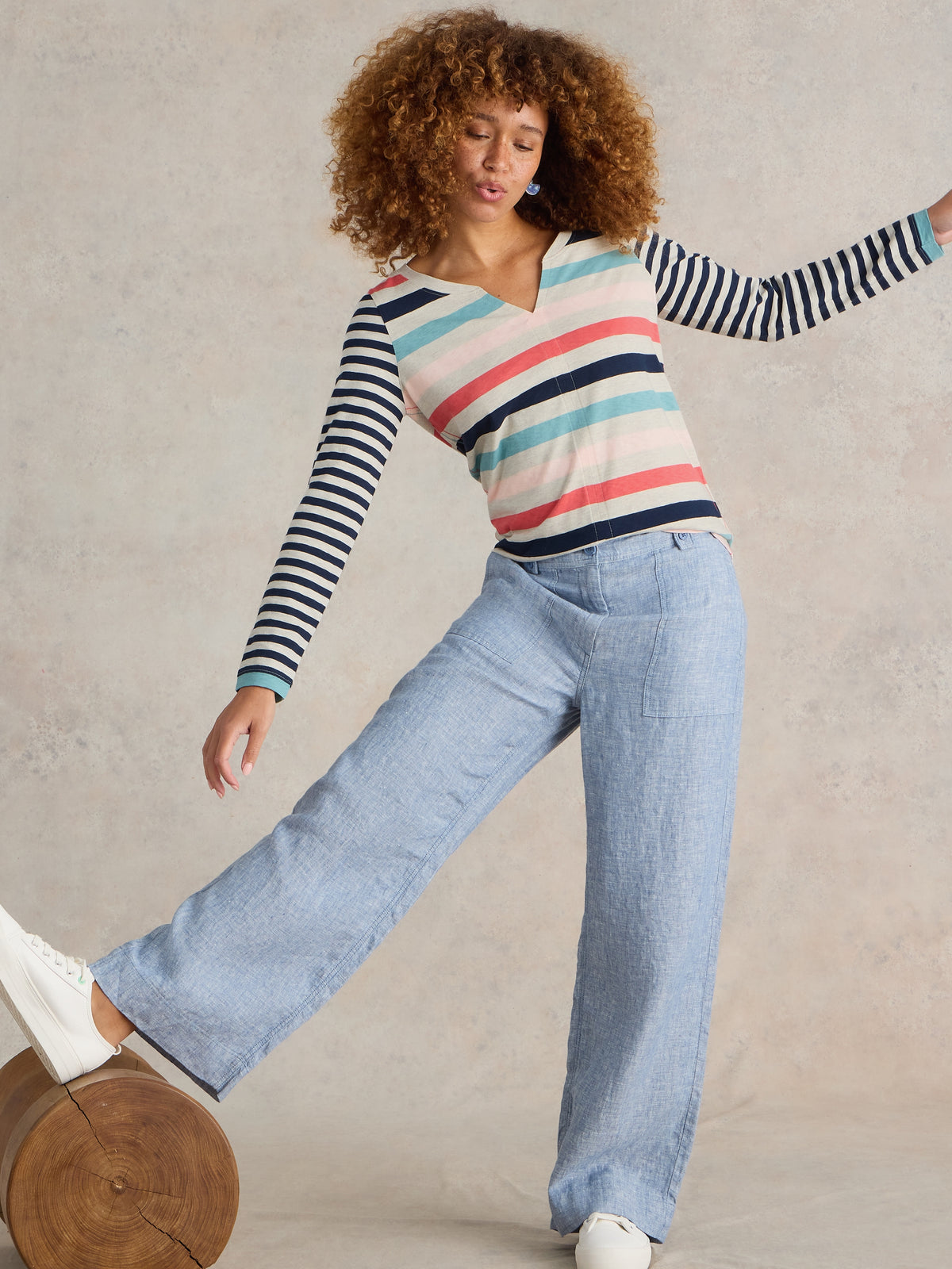 441855 NATURAL MULTI Nelly Stripe Long Sleeve Tee WHITE STUFF