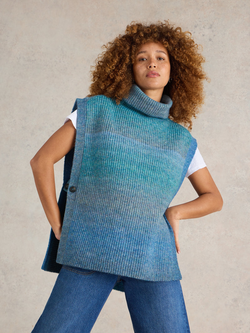 441975 BLUE MULTI Spacedye Knitted Poncho White Stuff