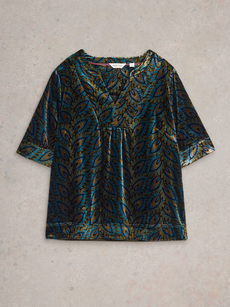 442035 TEAL PRINT Ash Printed Velvet Top White Stuff