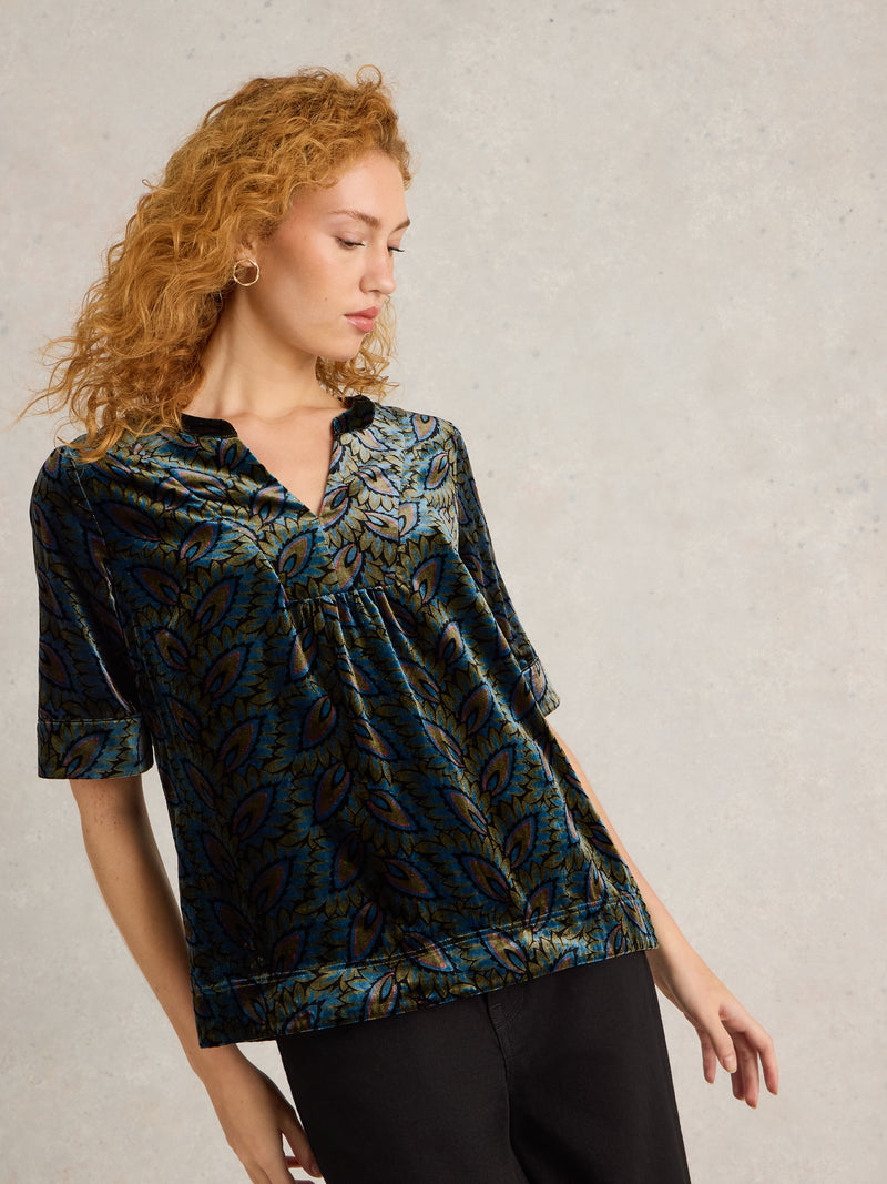 442035 TEAL PRINT Ash Printed Velvet Top White Stuff