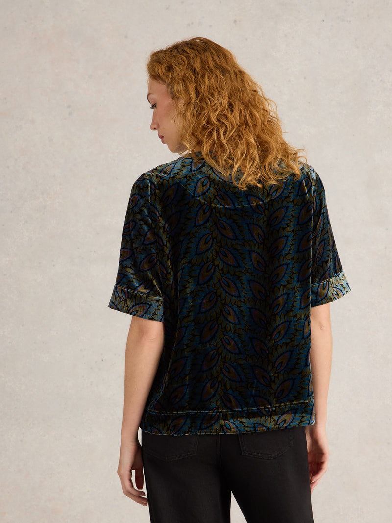 442035 TEAL PRINT Ash Printed Velvet Top White Stuff