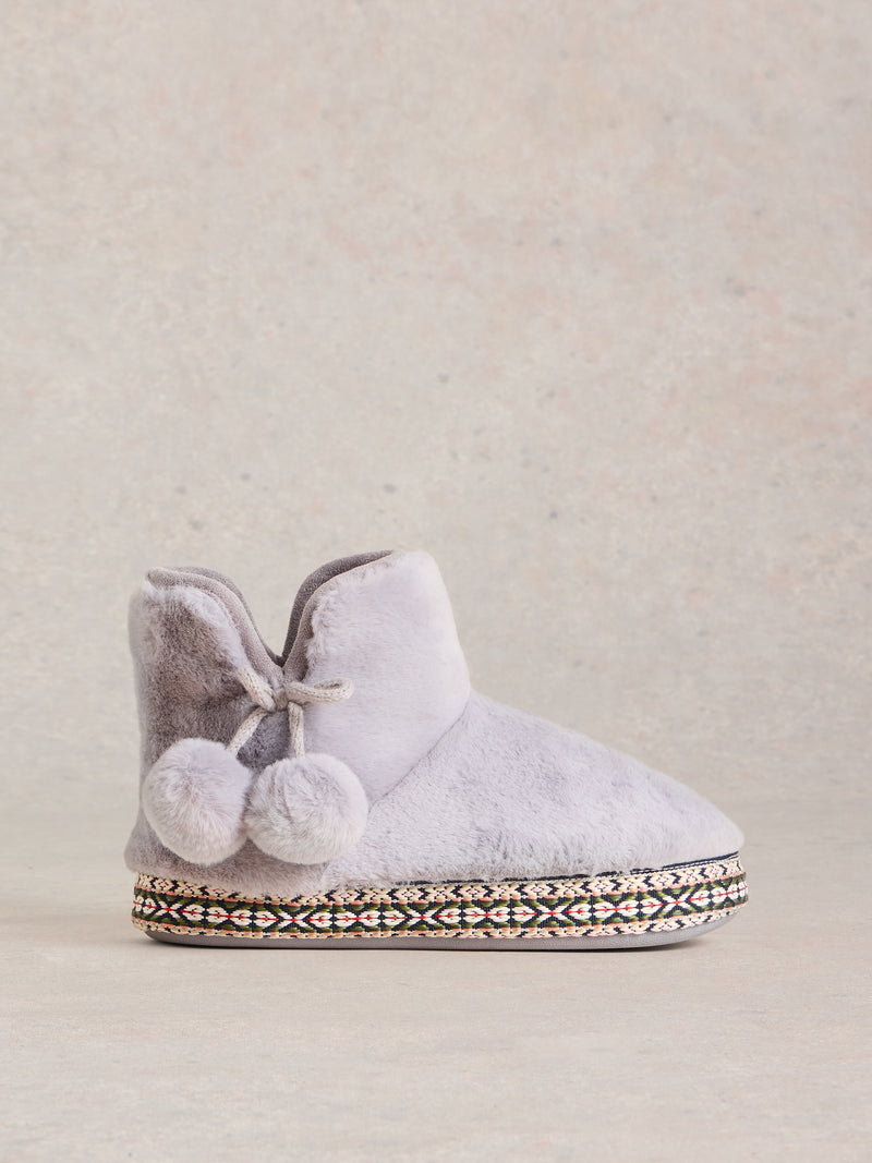 442167 Mid Grey Faux Fur Bootie Slipper White Stuff