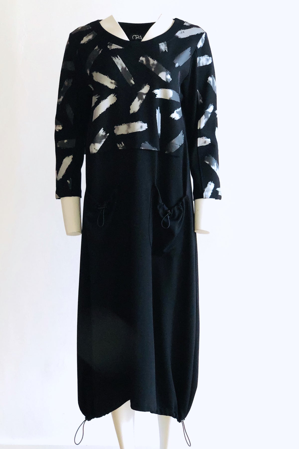 ORW24124 NOIR/ARGENT Robe imprimée avec jupe contrastée ORA