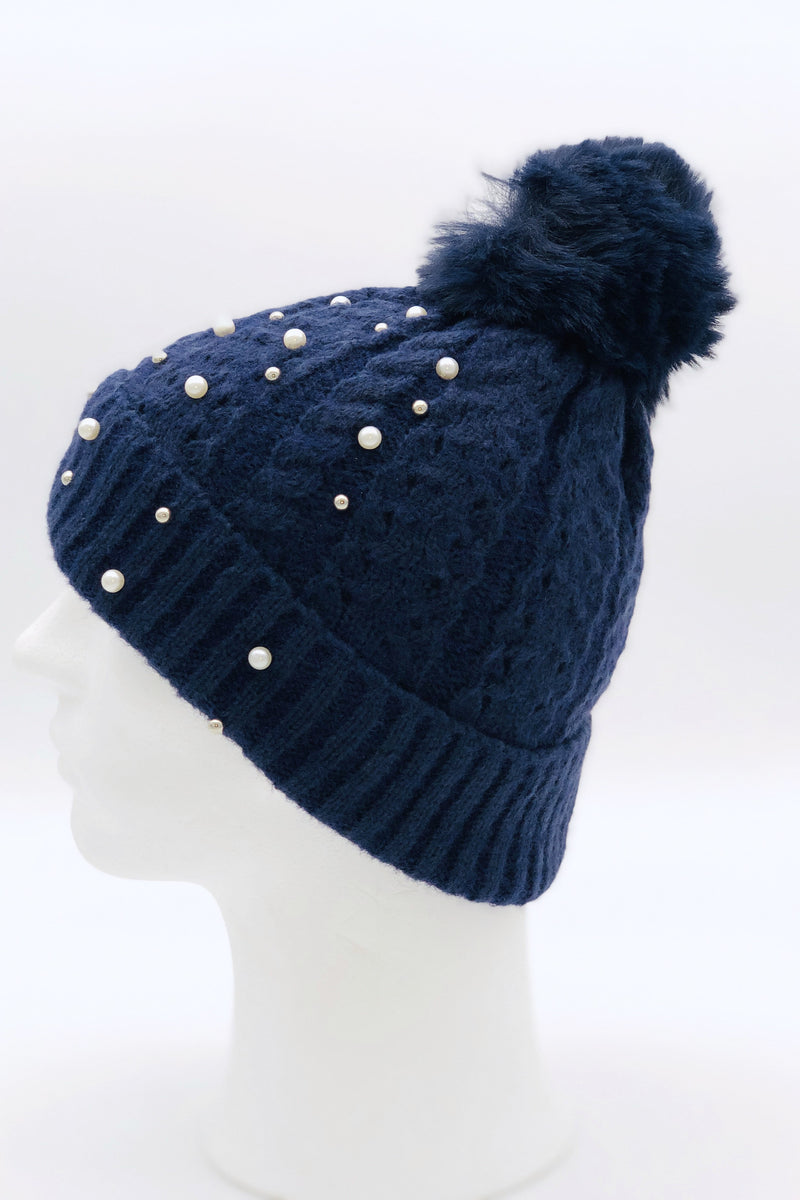 GS24-108 NAVY Pearl Pom Pom Hat & Boat Print Scarf Gift Set BEST OF IRISH