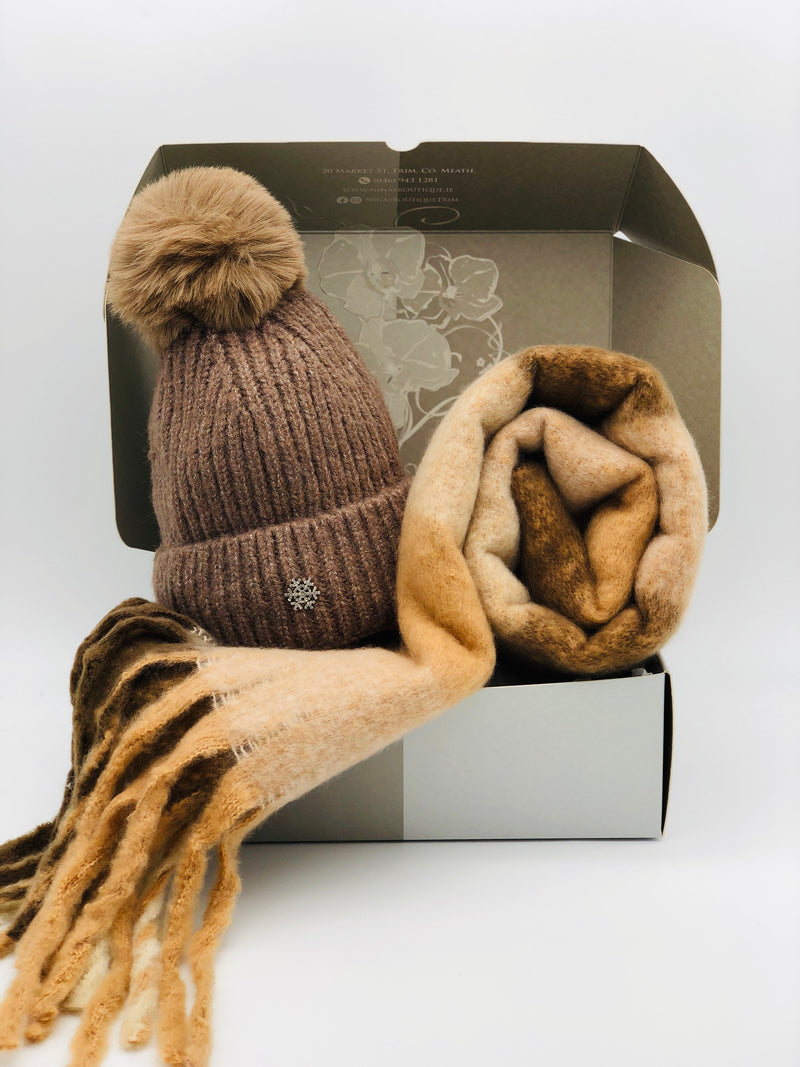 GS24-110 Taupe Pom Pom Hat & Rasta Scarf gift Set BEST OF IRISH