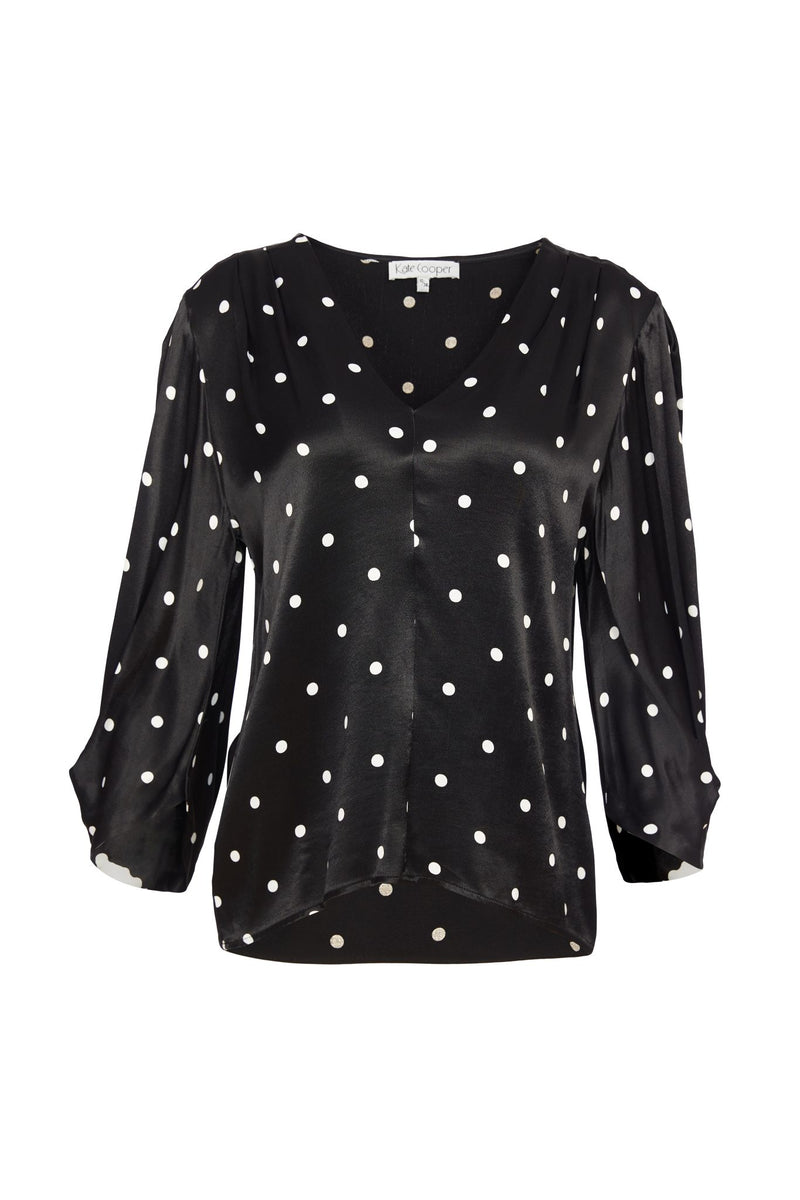 KATE COOPER Black & White Spot Vee Neck Top KCW24125