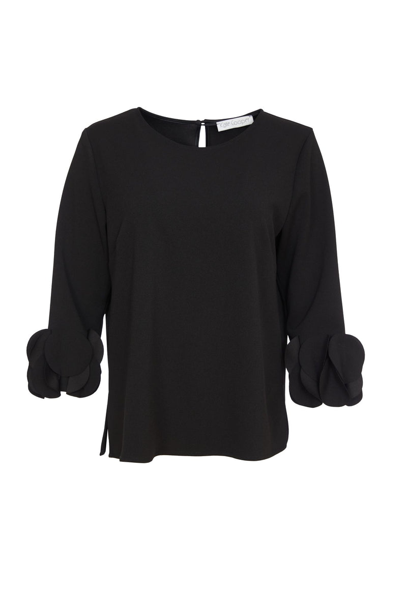 KATE COOPER Black Top With Ruffled Sleeve Cuffs KCW24155