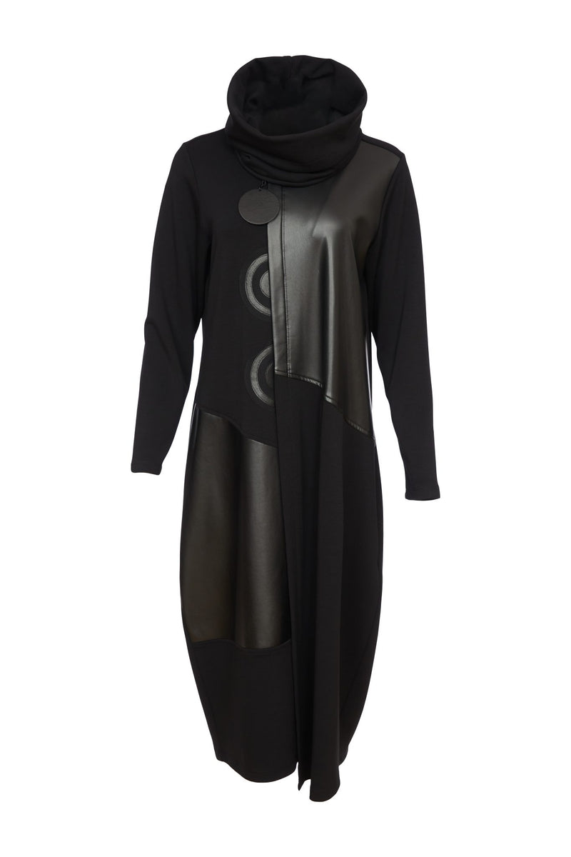 ORA Black Dress With Leatherette Panel & Neckpiece ORW24119