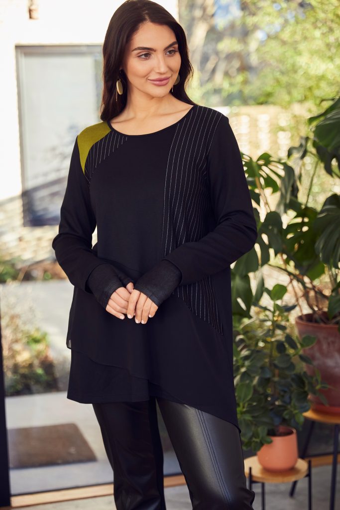 ORA Black & Lime Long Top With Stripe Panels With Contrast Coloured Shoulder ORW24130