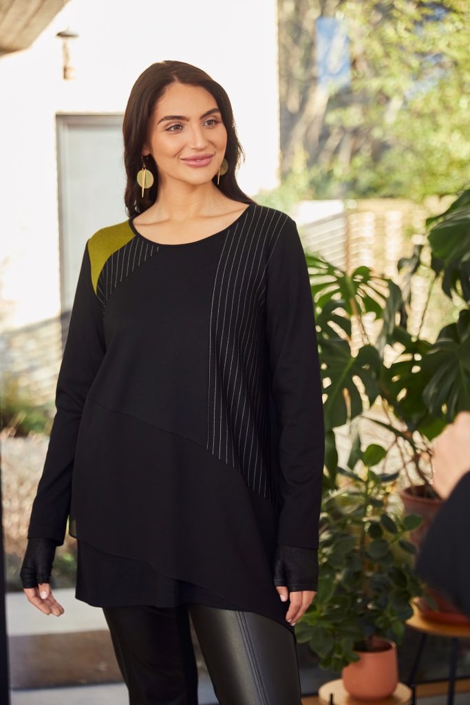 ORA Black & Lime Long Top With Stripe Panels With Contrast Coloured Shoulder ORW24130