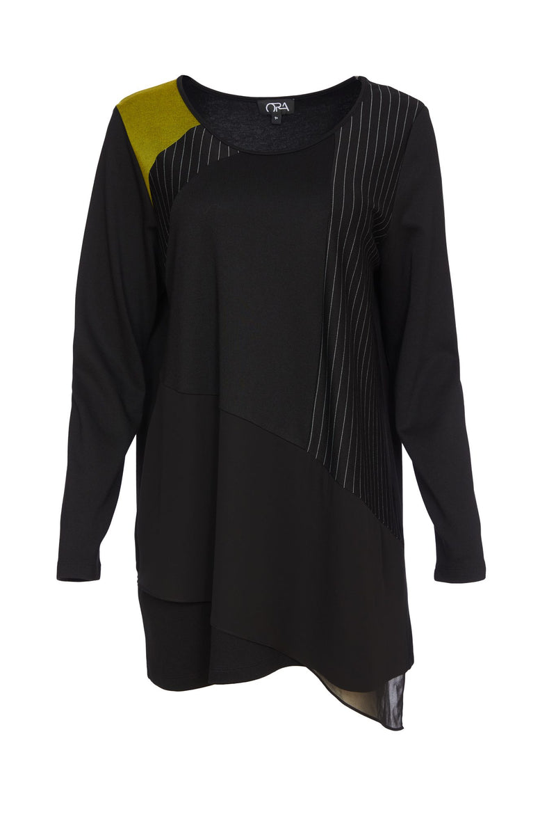 ORA Black & Lime Long Top With Stripe Panels With Contrast Coloured Shoulder ORW24130