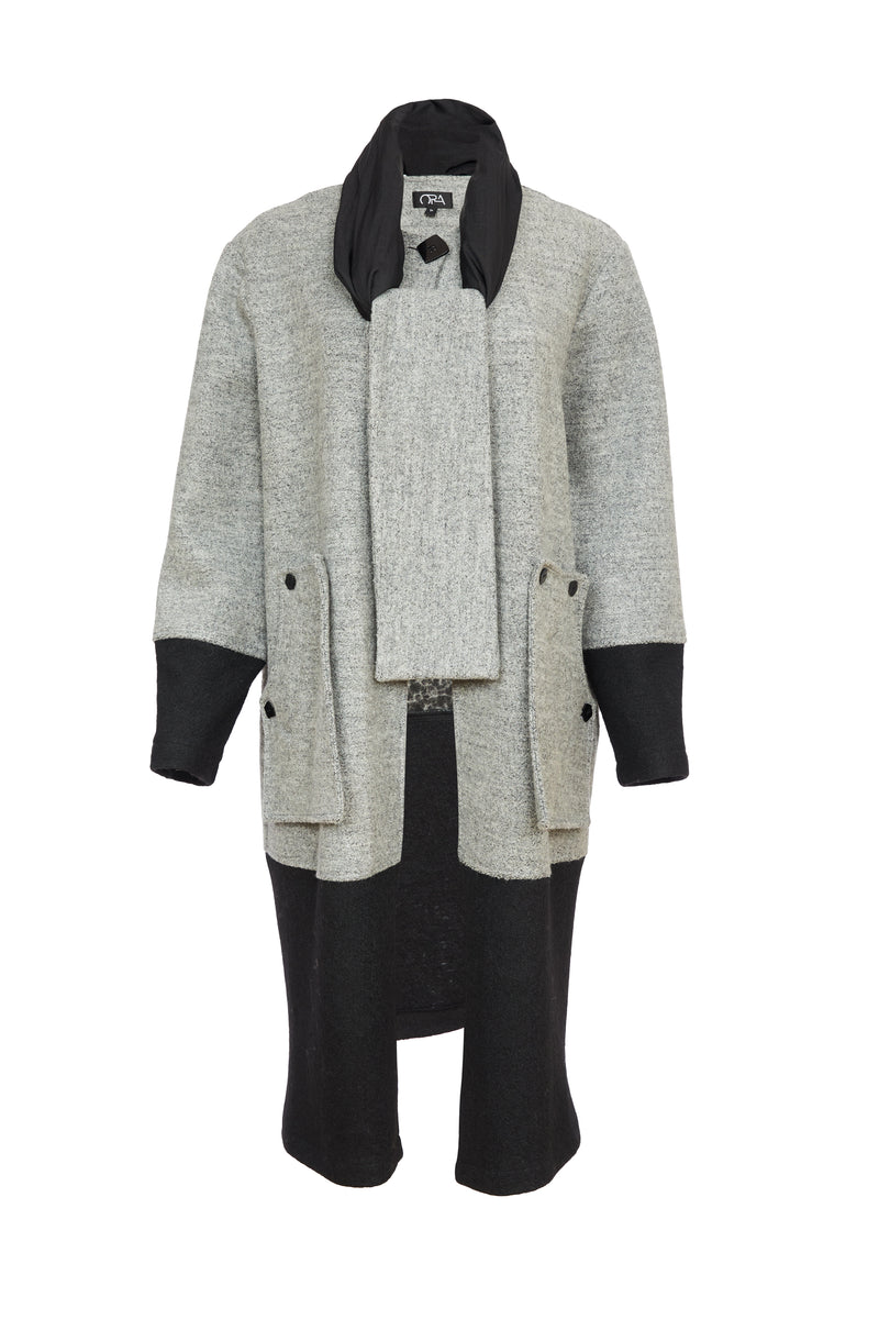 ORA Silver & Black Boiled Wool Coat With Scarf ORW24136