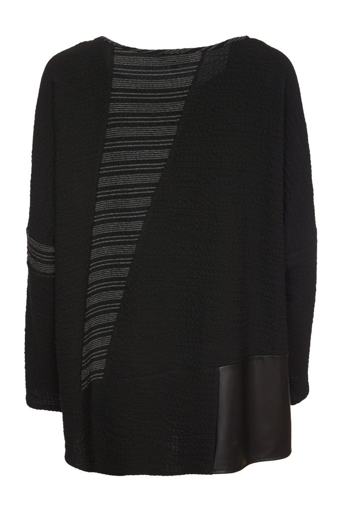 ORA Black & Grey Top With Contrast Fabrics Section & Striped Sides ORW24140