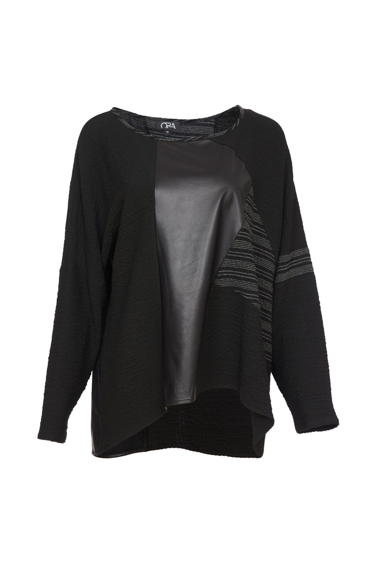 ORA Black & Grey Top With Contrast Fabrics Section & Striped Sides ORW24140