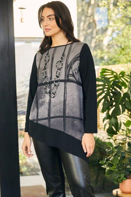 ORA Black & Grey Print Angle Hem Top With Contrast Hem/Sleeve/Back ORW24142