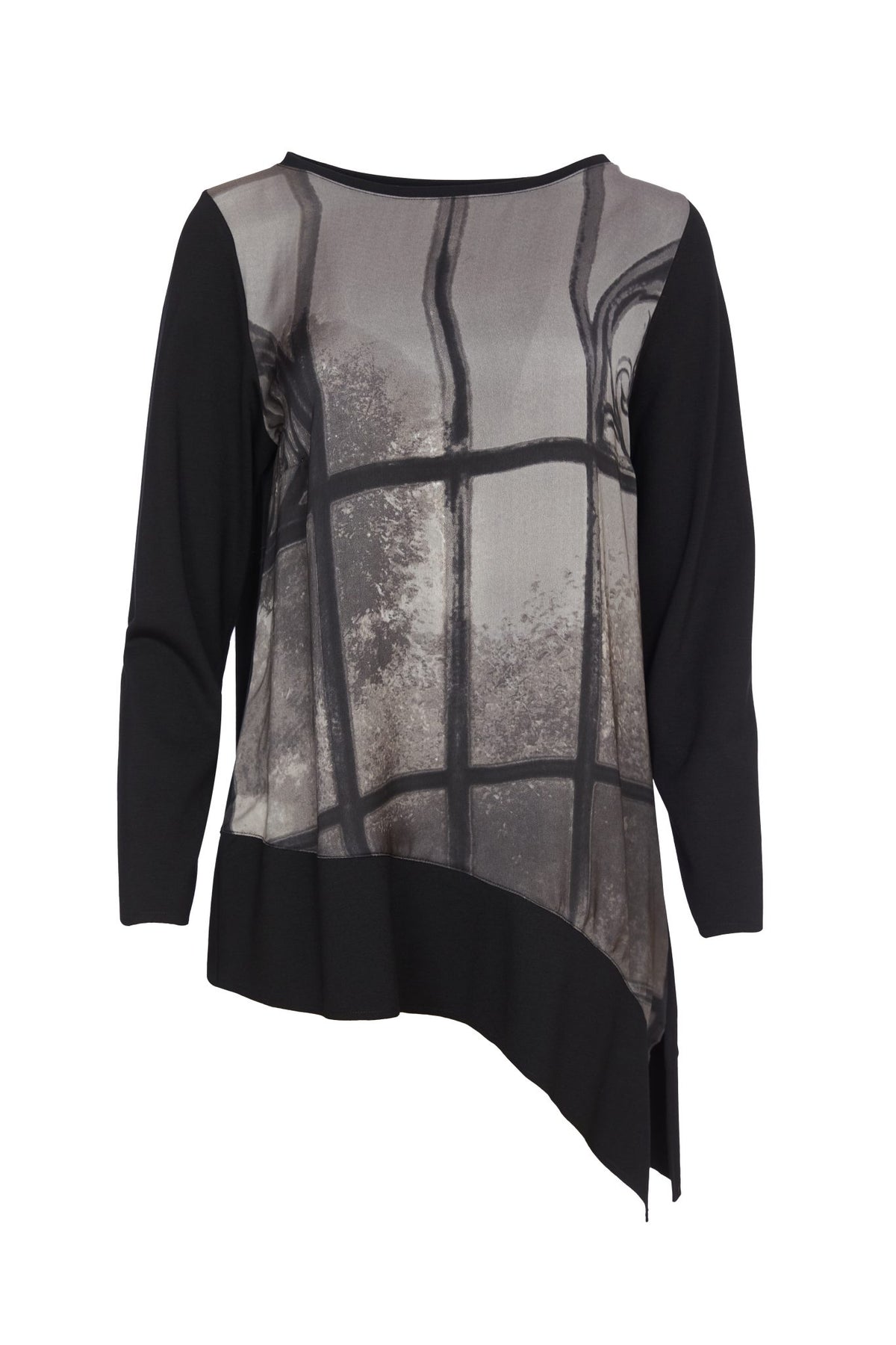 ORA Black & Grey Print Angle Hem Top With Contrast Hem/Sleeve/Back ORW24142