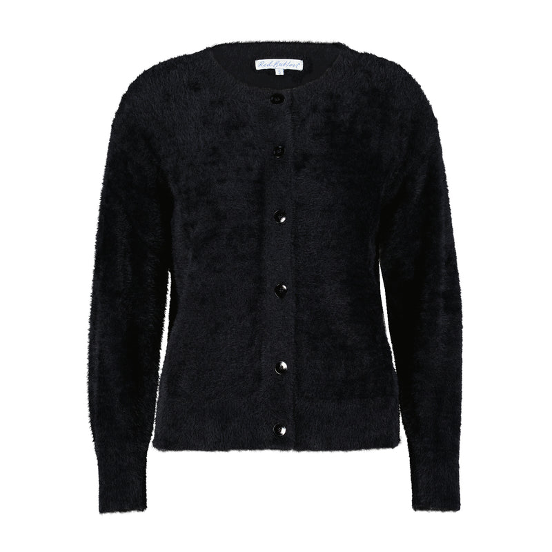 SRB4345 Cardigan moelleux noir bouton rouge