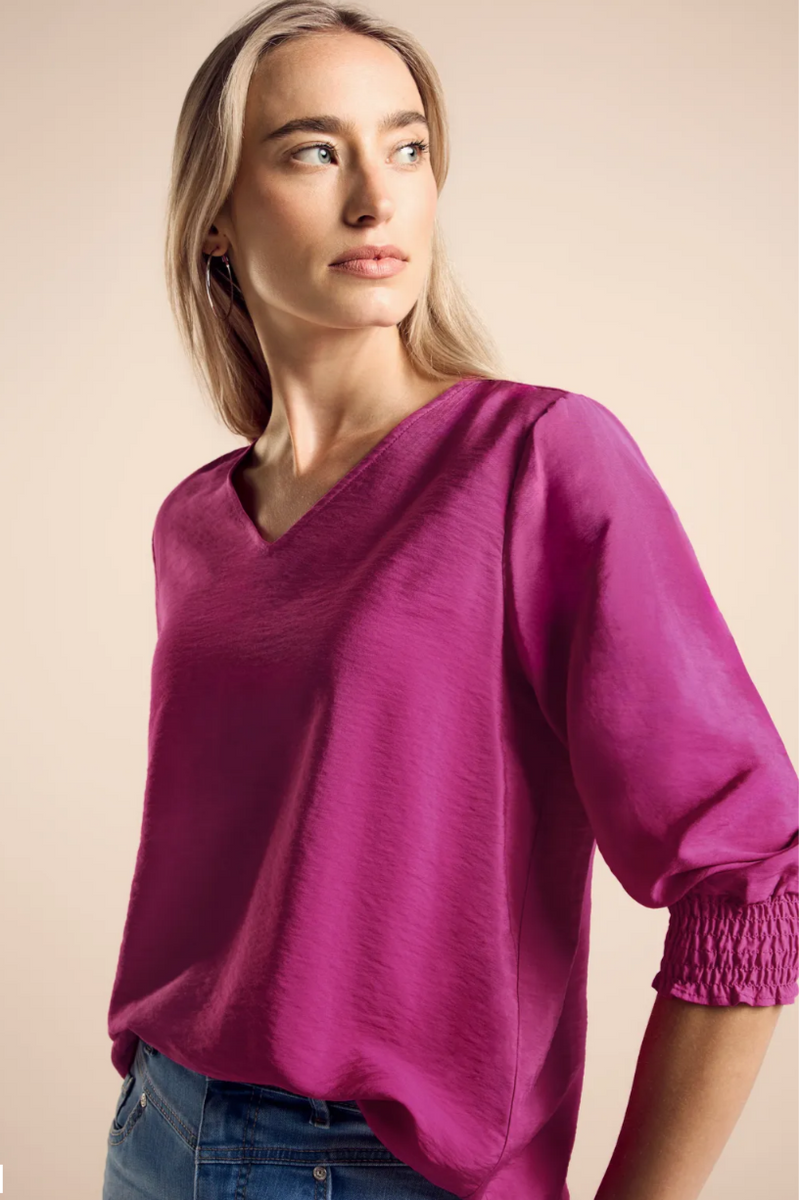 344956 Royal Fuchsia V-Neck Blouse With Smok Detail Street One