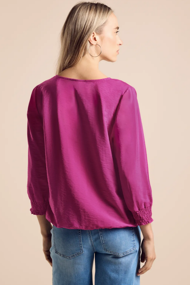 344956 Royal Fuchsia V-Neck Blouse With Smok Detail Street One