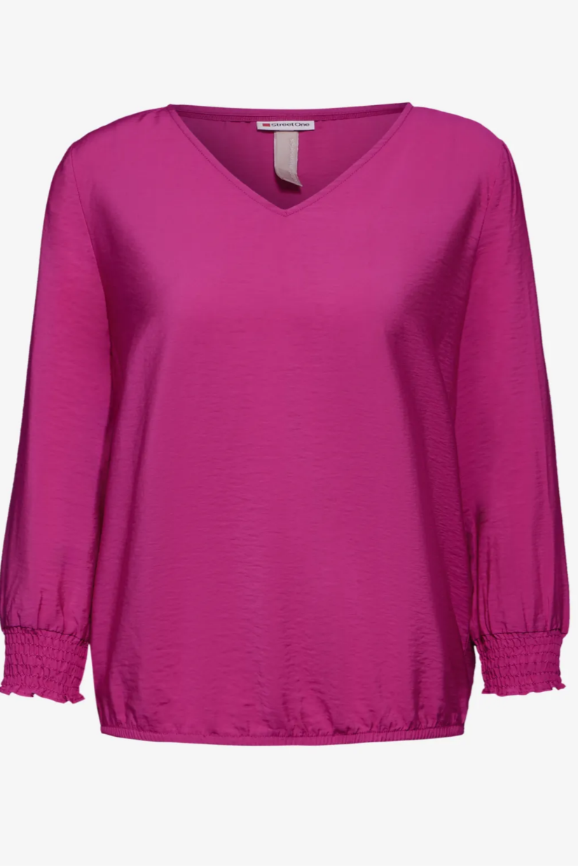 344956 Royal Fuchsia V-Neck Blouse With Smok Detail Street One