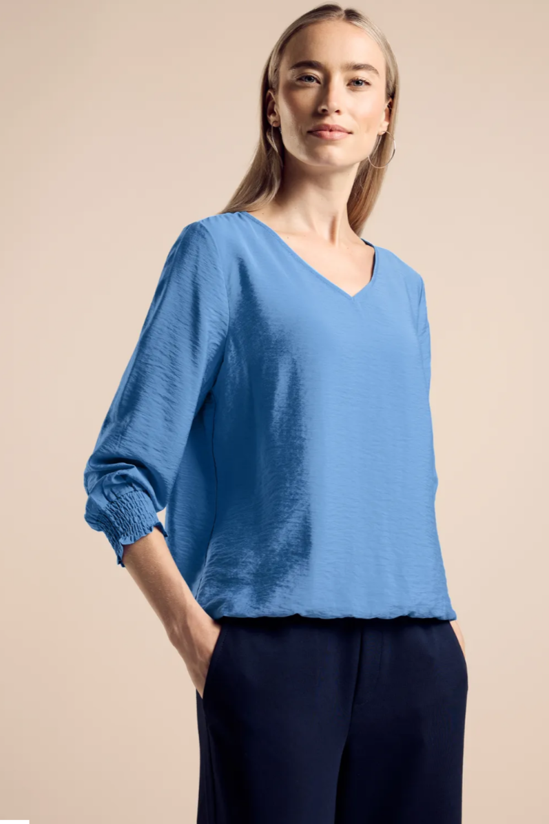 344956 MARINA BLUE V-Neck Blouse With Smok Detail Street One